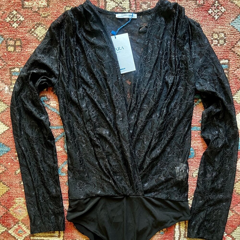 Zara Black Lace Bodysuit Size L NWT